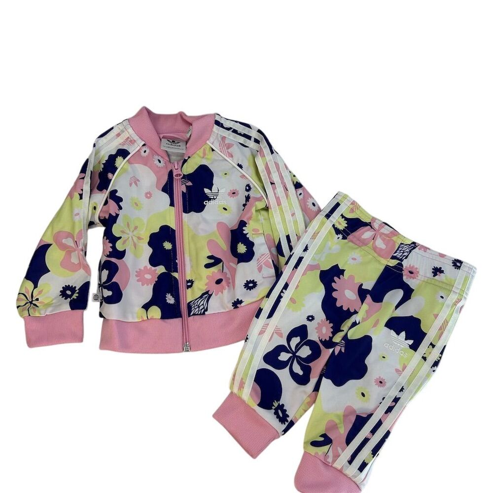 Adidas Girls' Floral Print Pink Tracksuit Set Size 6 Months